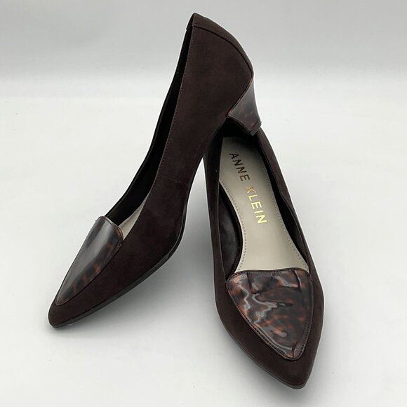 Anne Klein MEDLEY Slip On Brown Suede Low Heels Tortoiseshell Vamp & Heel 11M - Picture 1 of 11